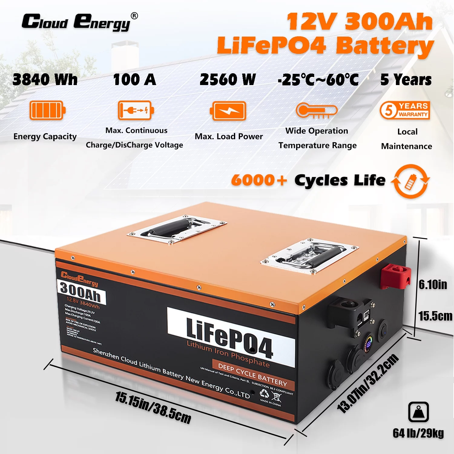 Cloudenergy LiFePO4 Battery 12V 300Ah 3.84kWh Deep Cycle, Built-in 100 Ampere BMS, 6000+Cycles & 10 Year Lifetime, Perfect in Solar/Energy Storage System, RV, Marine, Backup Power, etc