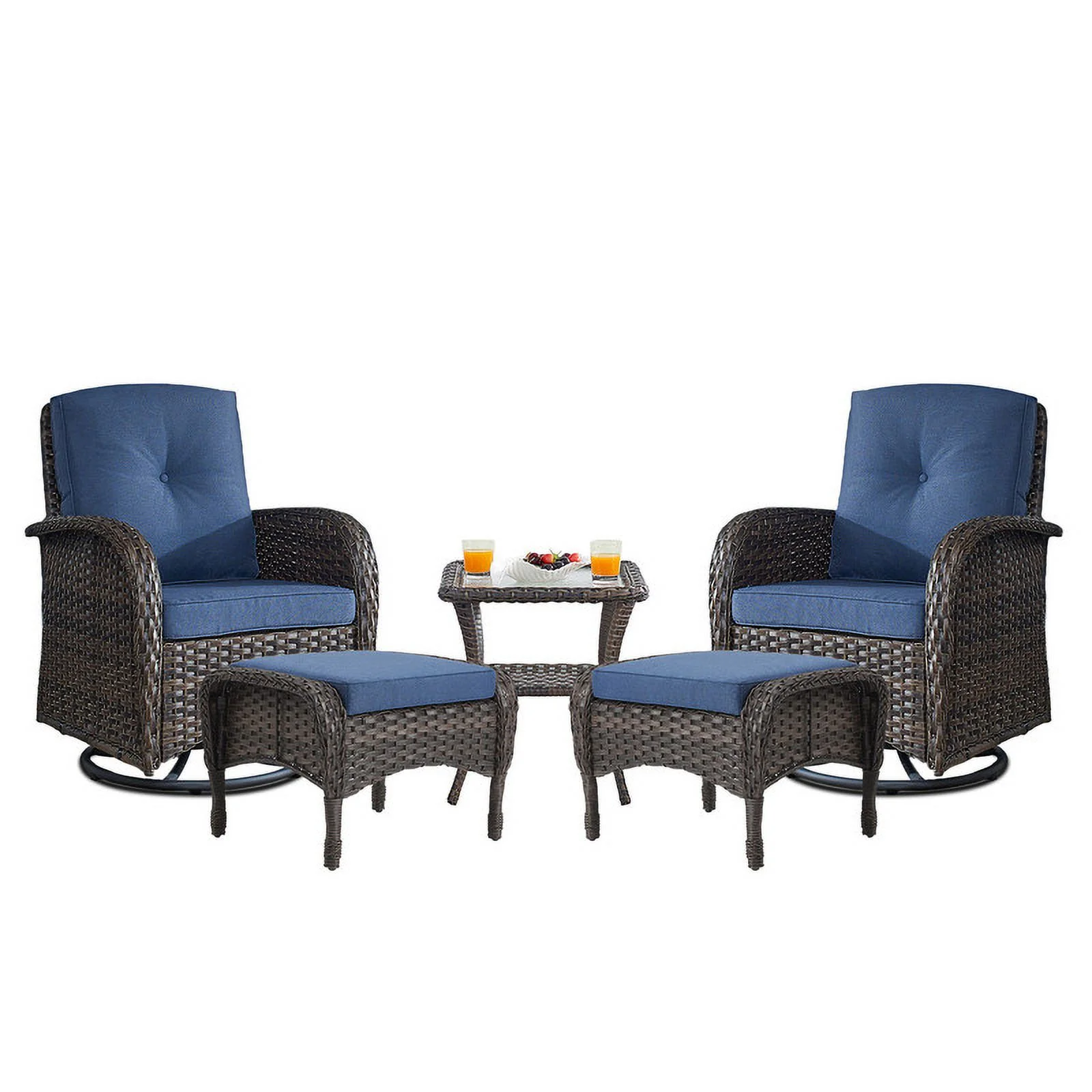 PARKWELL 5-Piece Outdoor Swivel Rocking Chair with Foot Rest,Side Table,360 Degree Swivel Glider Patio Rattan Wicker Conversation Bistro Furniture Sets,Blue