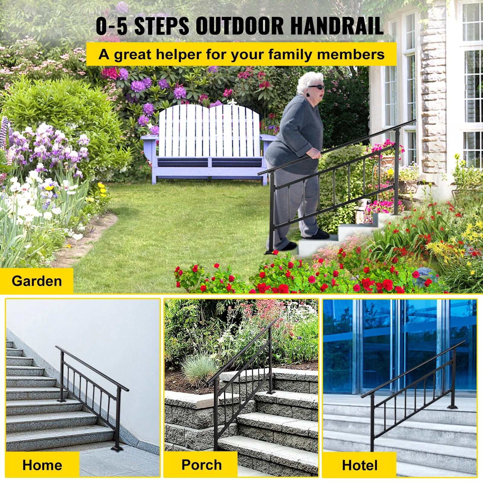 VEVOR Outdoor Stair Handrail, Fits for 1-4 Steps Transitional Wrought Iron Railing, Adjustable Exterior Stair Railing, Handrails for Concrete Steps with Installation Kit, Matte Black Outdoor Handrail