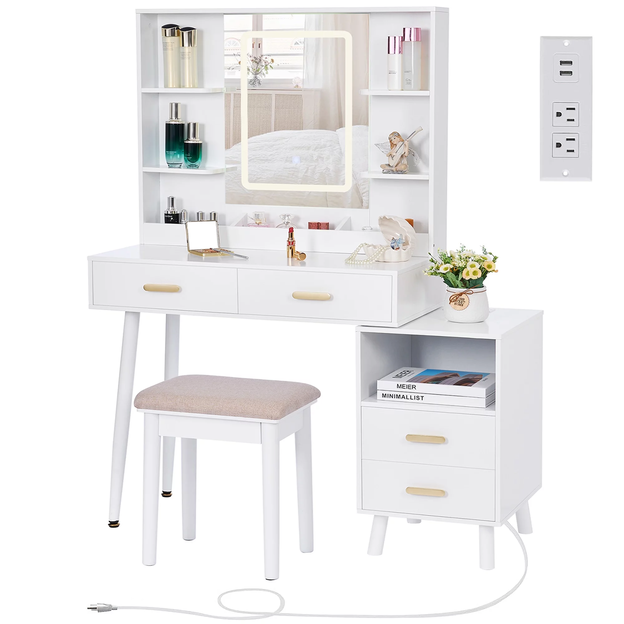 BEWISHOME Vanity Desk with Mirror and Lights, Makeup Vanity with Lights, White Vanity with Charging Station & Cabinets, Makeup Desk Vanity Table with 3 Colors Modes, Dressing Table Vanity Set FST18W