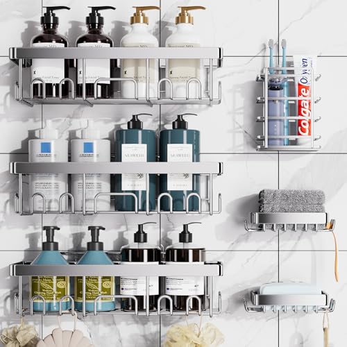 Veken Adhesive Shower Caddy 6-Pack, Large Capacity Bathroom Organizers and Storage, Rustproof Shelves Rack with Soap Holder, No Drilling Wall-Mounted Kitchen & Home Decor, Bath Decor&Essentials, Black