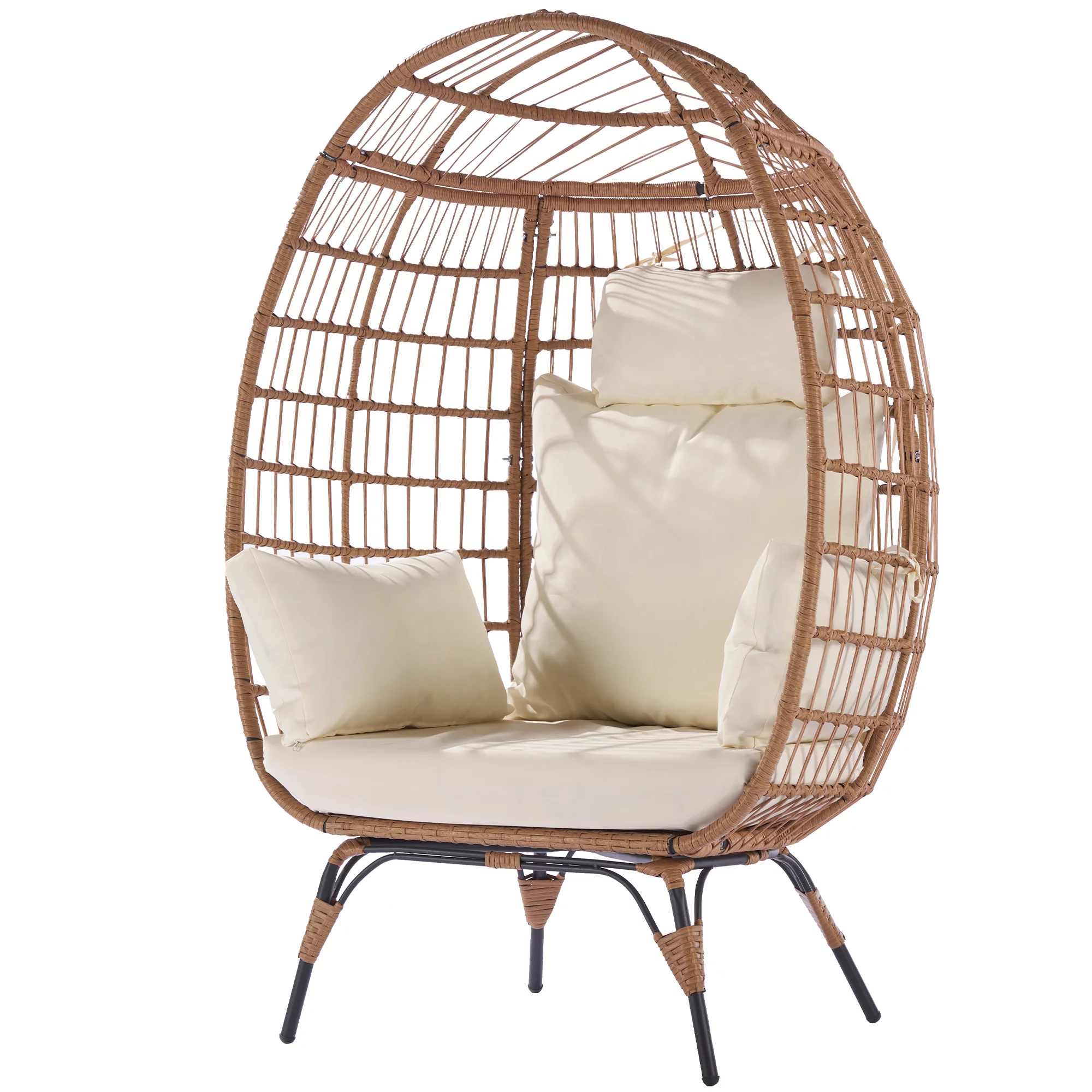 Sesslife Wicker Egg Chair with Stand, Outdoor Indoor Oversized Lounger Rattan Peacock Egg Basket Chair for Patio Backyard Porch, Comfy Outdoor Reading Chair Bedroom Lounge Chair (Beige)