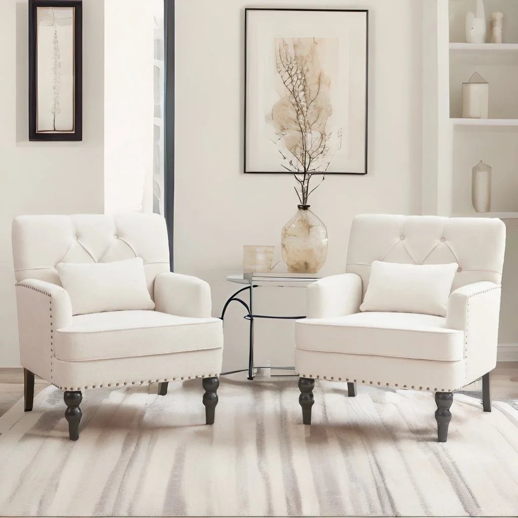 HUIMO Mid-Century Modern Accent Chairs Set of 2, Upholstered Living Room Chairs with Wood Legs, Comfy Club Sofa Reading Arm Chairs Side Chair for Bedroom (Beige)