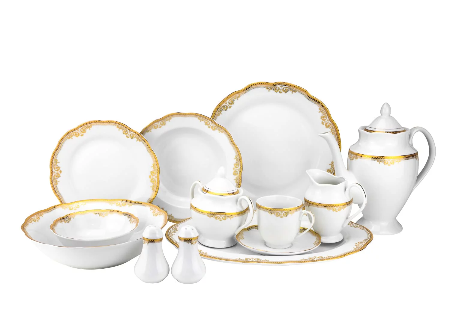 Euro Porcelain 57 piece Banquet Dinnerware Set with Scalloped Edges - Luxury Tableware Dining Service for 8