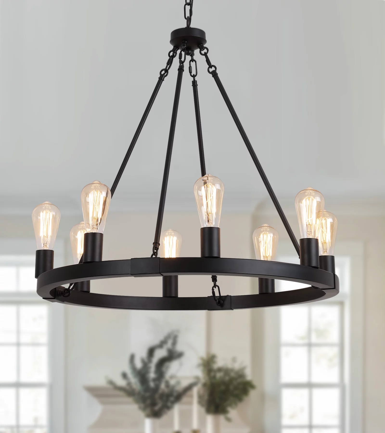 Q&S Farmhouse 8-Lights Black Industrial Wagon Wheel Chandelier Light Fixture for Foyer Dining Room Kitchen Living Room Entryway Dia27 Inches UL Listed