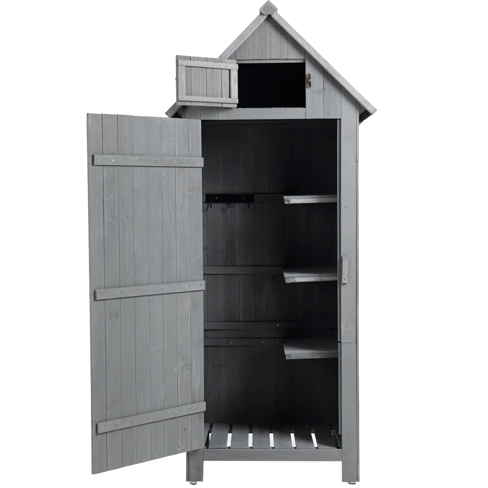 Outdoor Storage Cabinet, Garden Wood Tool Shed, Outside Wooden Shed Closet with Shelves and Latch for Yard, Patio, Deck and Porch, Wooden Garden Shed Gray