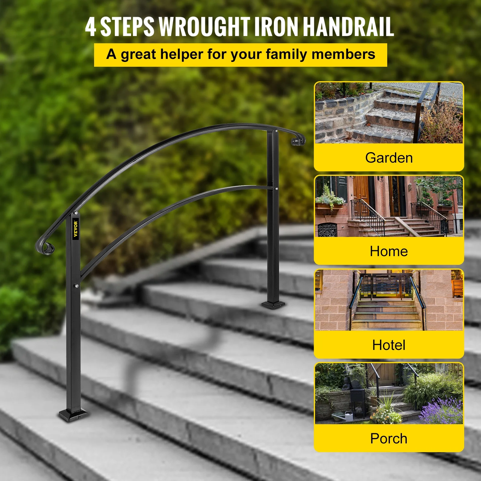 VEVORbrand 1-4 Step Handrail Rackable to a range of 0°to 45° Matte Black Stair Rail Wrought Iron Handrail with Installation Kit Hand Rails for Outdoor Steps