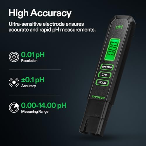 VIVOSUN Digital pH Meter, 0.01pH High Accuracy Pen Type pH Tester for Hydroponics, Household Drinking, Pool and Aquarium, Black, UL Certified