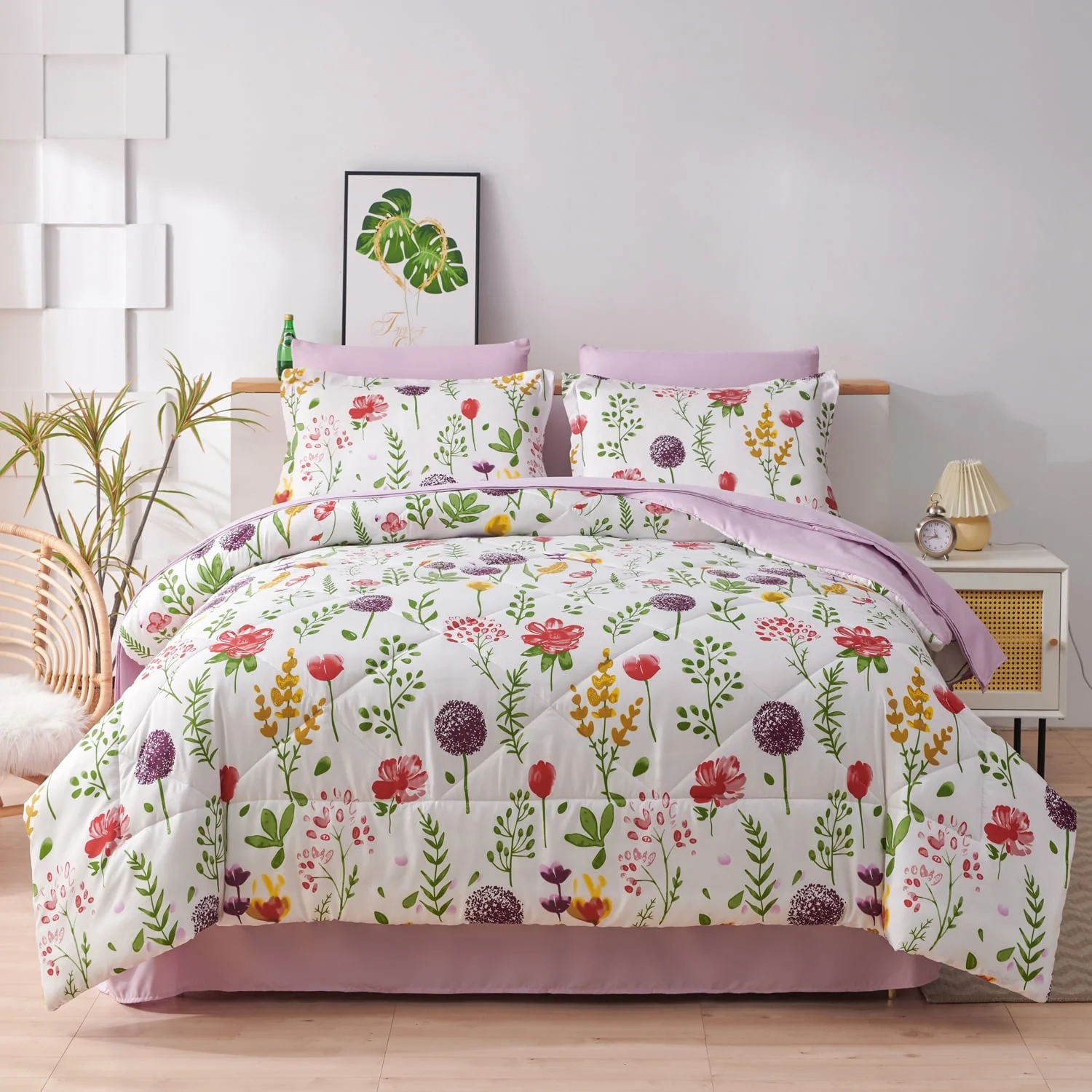 Smuge 7 Pcs Floral Bedding Comforter Sets Queen/Full Size Flower Comforter Set Bed in a Bag with Fitted Sheet,Flat Sheet,Pillowcases & Shams,Purple Green Red Botanical Plant Leaves Bed Set