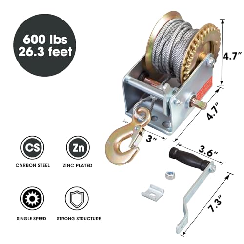 BIG RED ATRT1061CR Torin 600lbs Capacity Manual Hand Crank Winch with 26.3FT Steel Cable