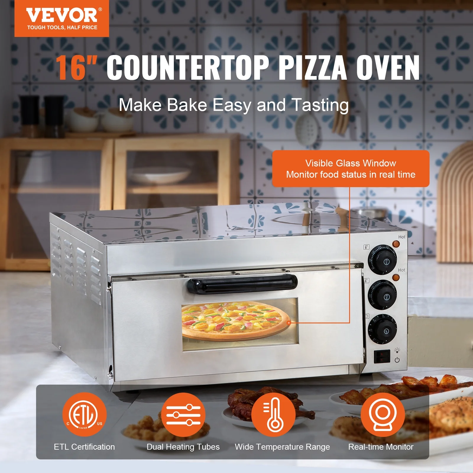 BENTISM Electric Countertop Pizza Oven 16-inch, 1700W Commercial Pizza Oven with Adjustable Temperature & 0-60 Minutes Timer, 360° Uniform Baking Pizza Maker for Commercial and Home Use, ETL Certified
