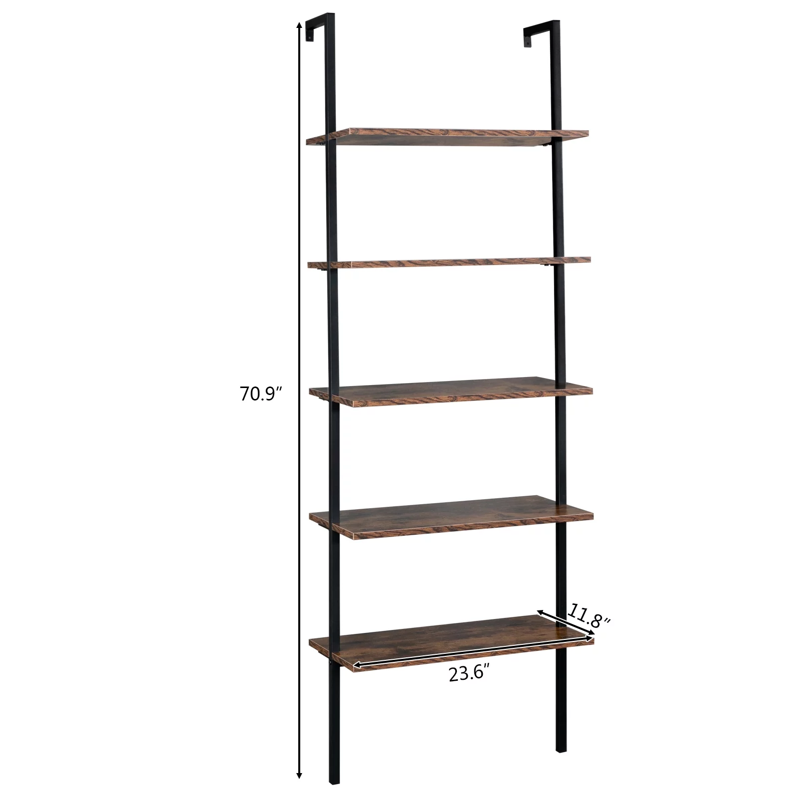 5 Tier Wall Mounted Ladder Shelf, Ladder Bookshelf with Metal Frame and Wood Shelf, Modern Learning Bookcase for Living Room, Bedroom, Office (23.6