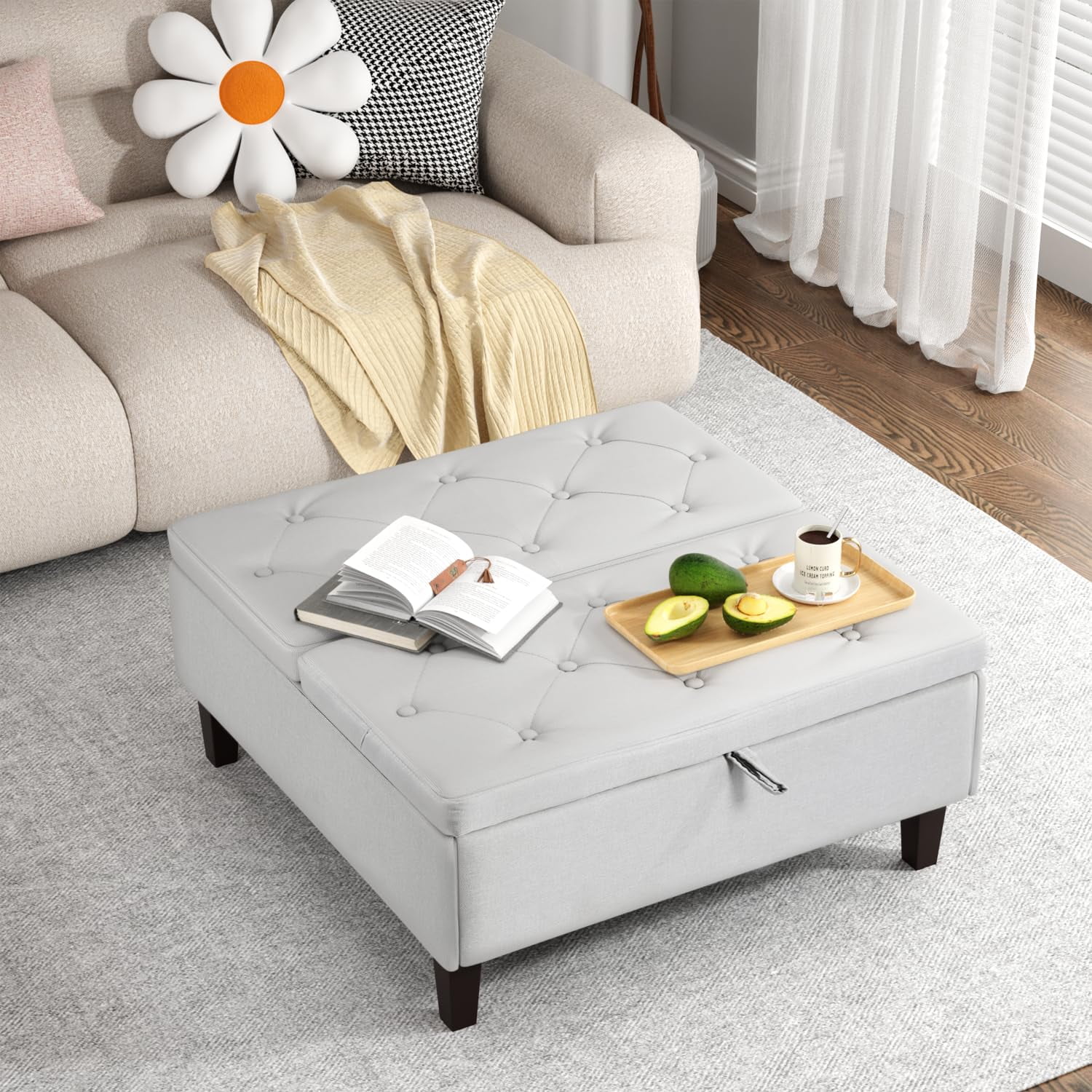 RichYa Large Square Storage Ottoman with Storage Toy Box for Living Room, Light Gray Linen