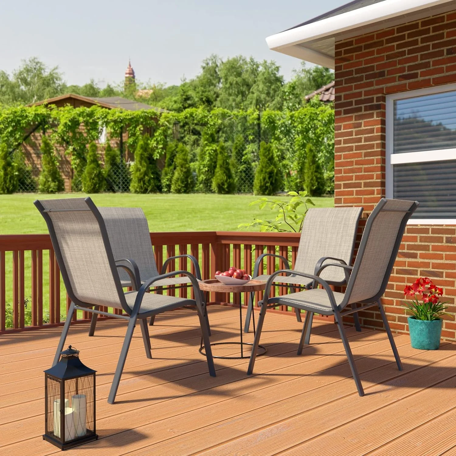 ECOPATIO Patio Chairs Set of 4, Outdoor Stackable Dining Chairs for All Weather, Breathable Garden Outdoor Furniture for Backyard Deck, Brown