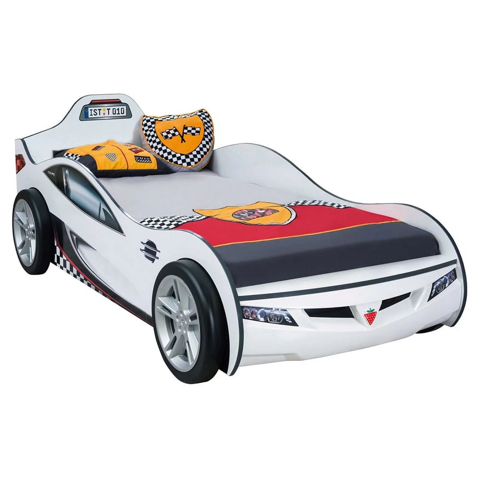 Cilek Kids Room Race Cup Wood Twin Car Bed with Cool Details in White