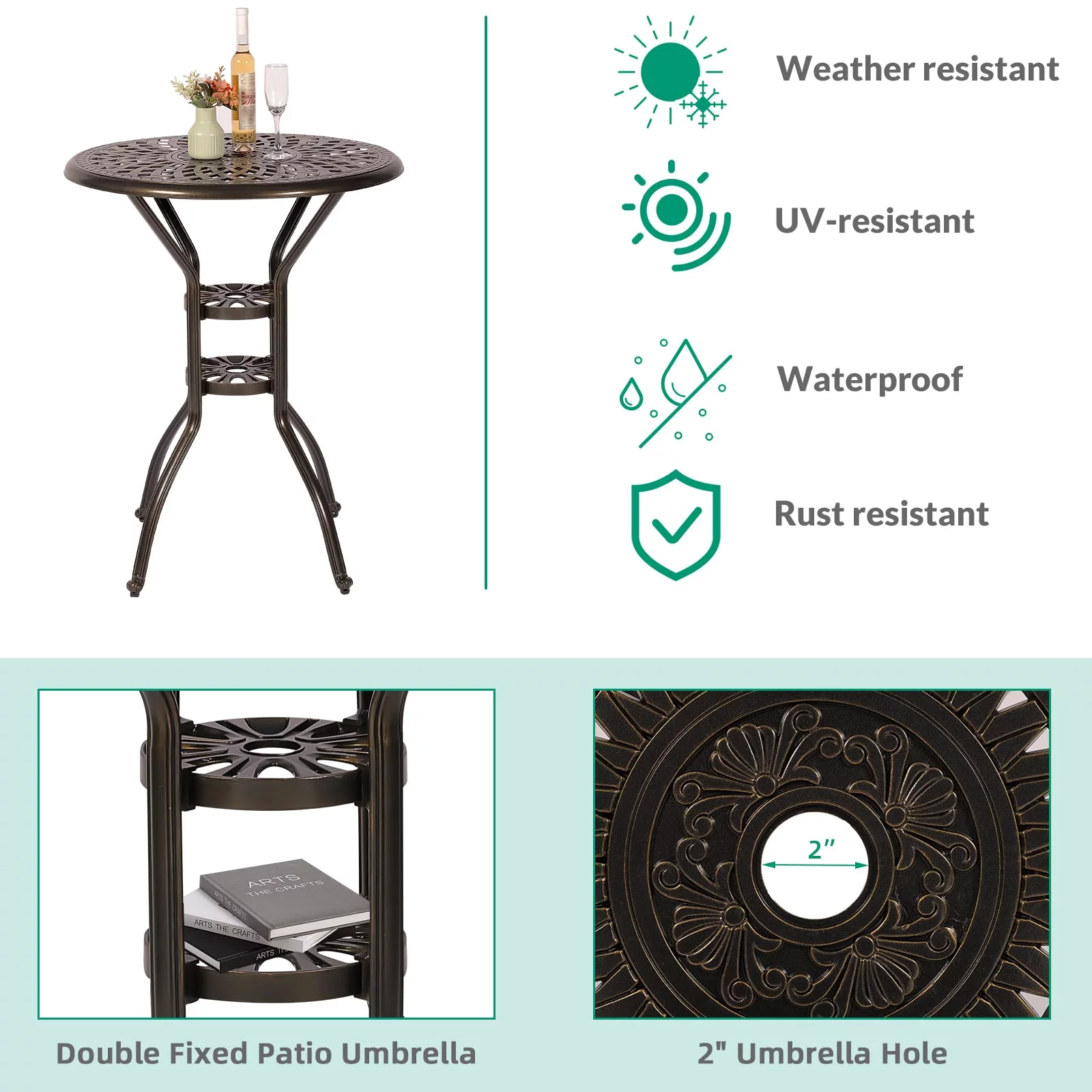 VIVIJASON 3-Piece Patio Swivel Bar Stools Set, All Weather Cast Aluminum Outdoor Bar Height Bistro Set with 2 Cushioned Bar Chairs & 30.8