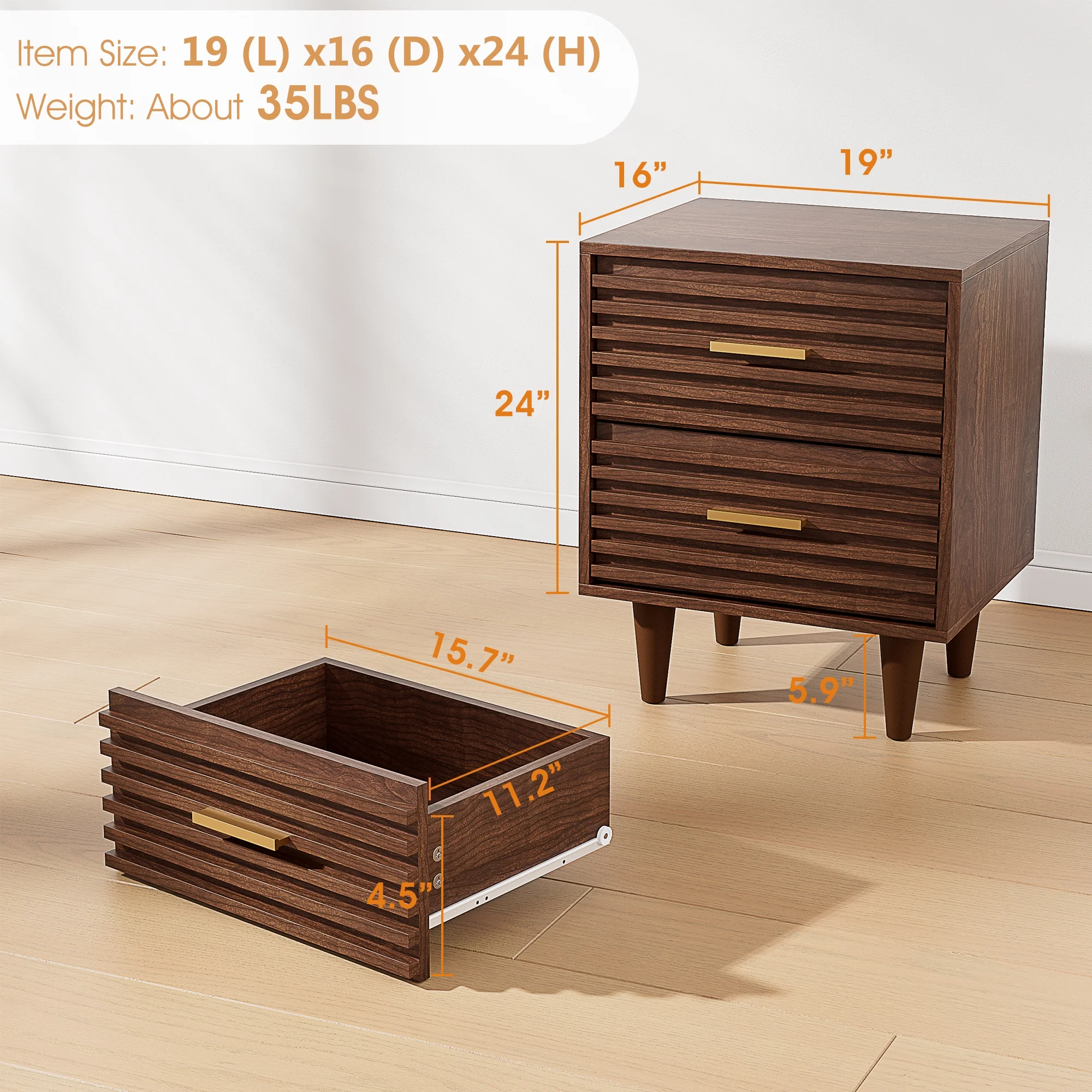 Alohappy Nightstands Set of 2 End Table with 2 Drawers, Bed Side Table for Bedroom, Mid Century Modern Side Table with Storage Vintage Wood Accent Table for Living Room, Rustic Brown(2 Pack)