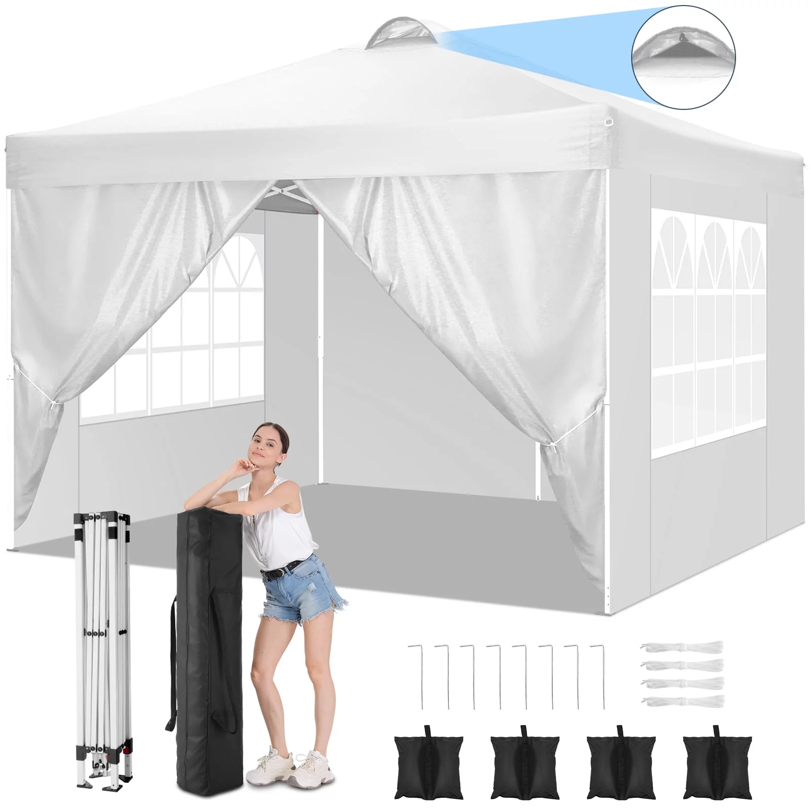 10'x10' EZ Pop Up Canopy with Top Vent, Large Commercial Tent, Waterproof and Sunproof with 4 Removable Sidewalls, Suitable for Weddings come with 4 Sandbags (White)