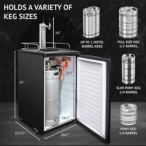 Ivation Full Size Kegerator | Dual Tap Draft Beer Dispenser & Universal Beverage Cooler | Mounted CO2 Cylinder, Temperature Control, Drip Tray & Rail | Fits 1/2 Keg, 1/4 Pony Keg, (2) 1/6 Kegs