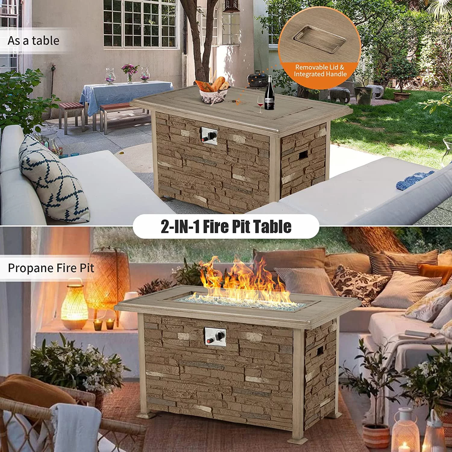 Vicluke 44 inch Aluminum Propane Fire Pit Table with Faux Ledgestone, Hand-Painted Table Top, 50,000 BTU Gas Fire Table with CSA Certification, Waterproof Cover, Glass Rock for Outdoor, Patio(Coffee)