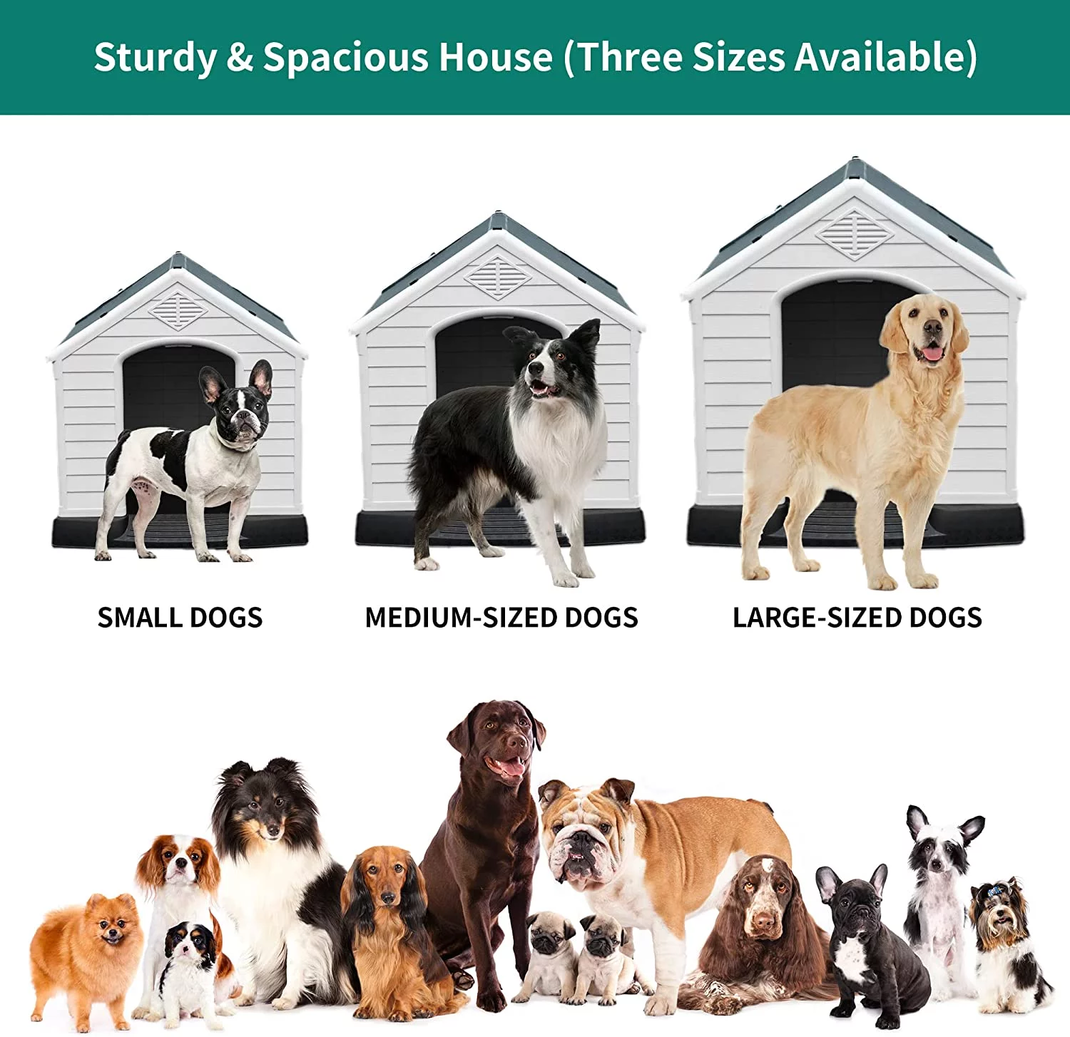 Dextrus Large Plastic Dog House with Air Vents and Elevated Floor,Water Resistant Dog Puppy Shelter for Indoor and Outdoor Use,Spacious and Durable(41''L*38''W*39''H, Gray)