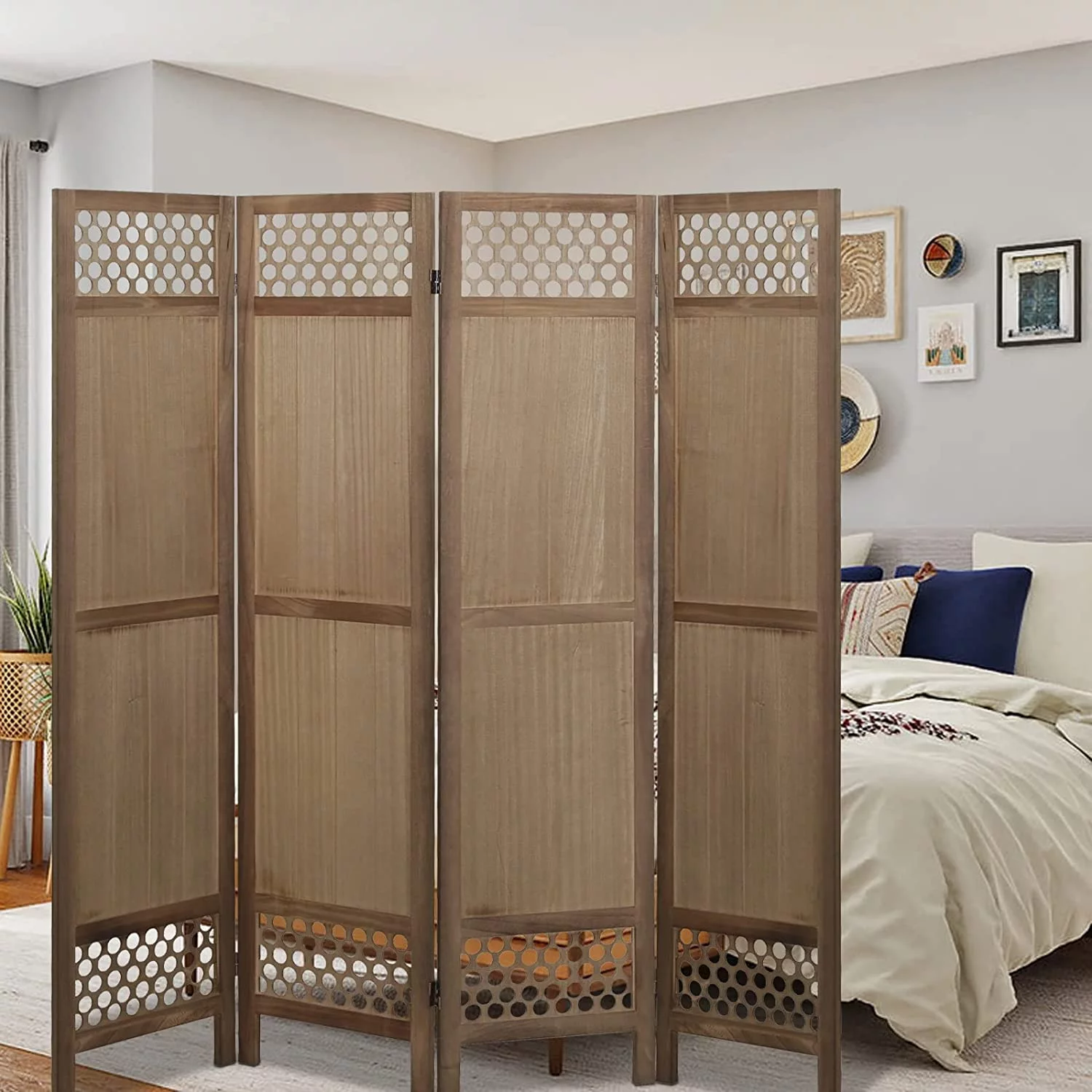 Hofitlead 4 Panel Room Divider, 5.6Ft Room Dividers and Folding Privacy Screens, Light Brown