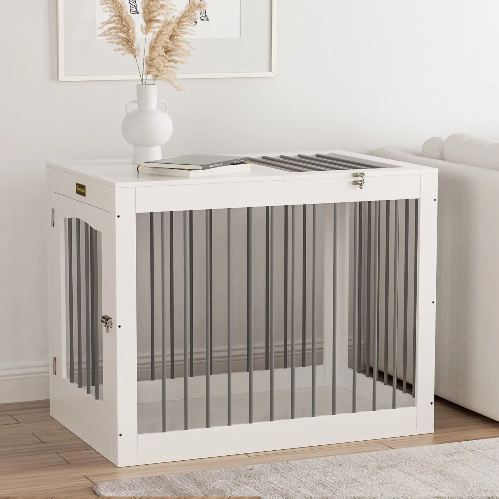 Furniture Style Dog Crate, Wooden Dog Kennels with Double Doors, Modern Decorative Dog Crates for Medium Large Dogs, Dog Cage Indoor,  White