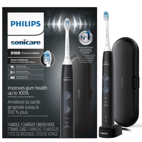 Philips Sonicare ProtectiveClean 5100 Rechargeable Electric Toothbrush, with Pressure Sensor, 3 Cleaning Modes, SmarTimer and QuadPacer, 14-Day Battery Life, Travel Case, White, Model HX6857/11