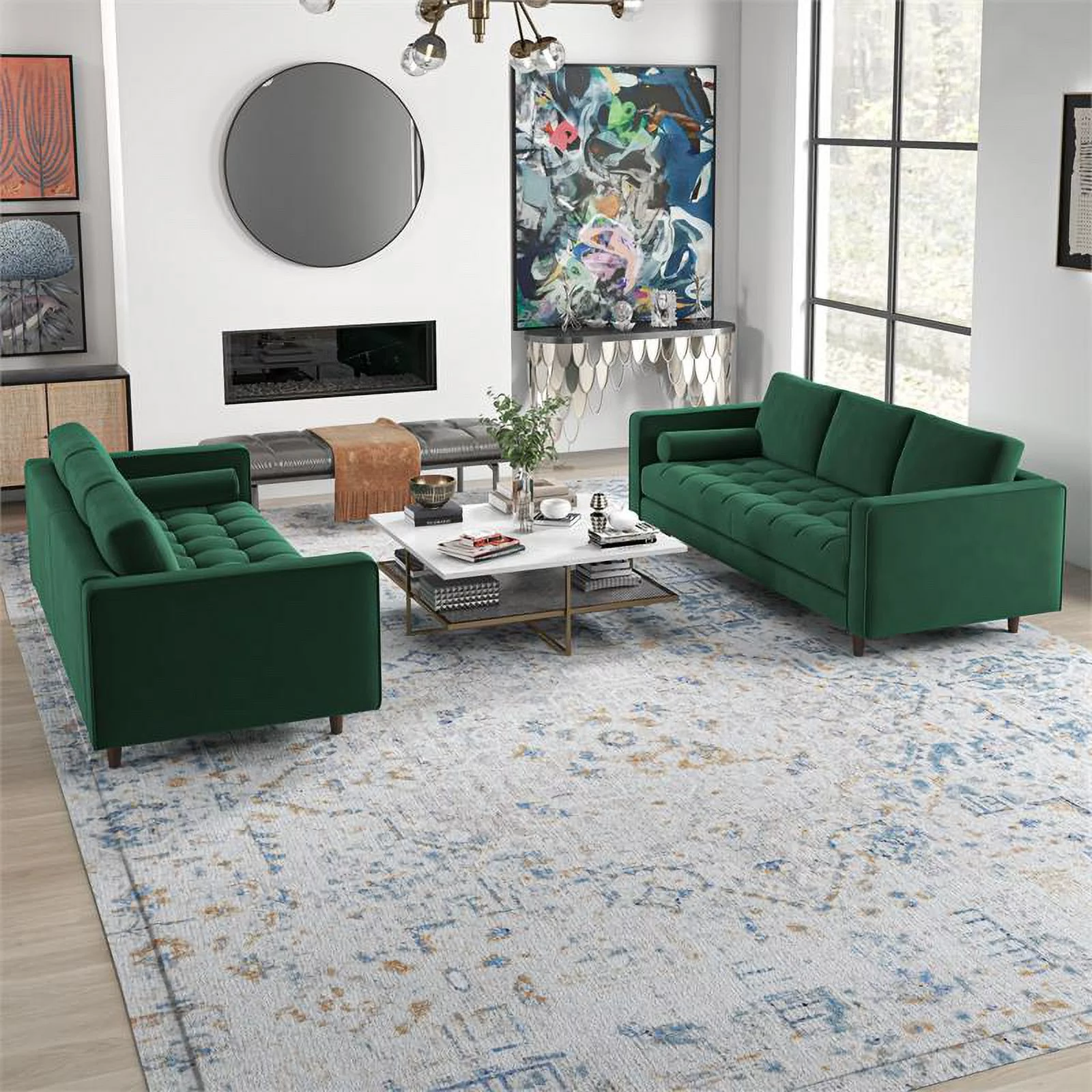 Tahir Mid-Century Pillow Back Velvet Sofa Set in Green