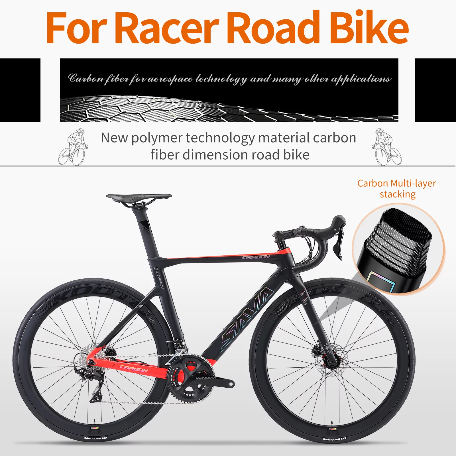 SAVADECK Carbon Fiber Road Bike, Complete Carbon Racing Road Bike 22 Speed with Shimano ULTEGRA R8000 Group Set and R8020 Hydraulic Disc Brake and Thru Axle System（47cm black red)