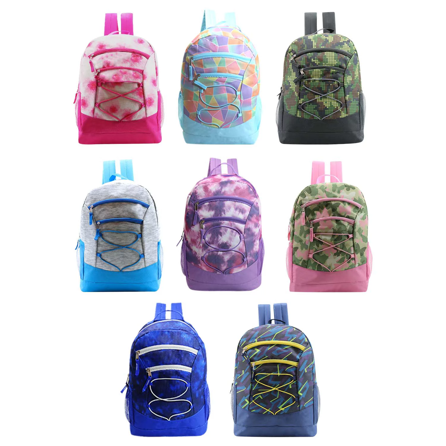 24 Pack - 17 Inch Classic Wholesale Bungee Backpacks in Assorted Colors - Bulk Case of Bookbags