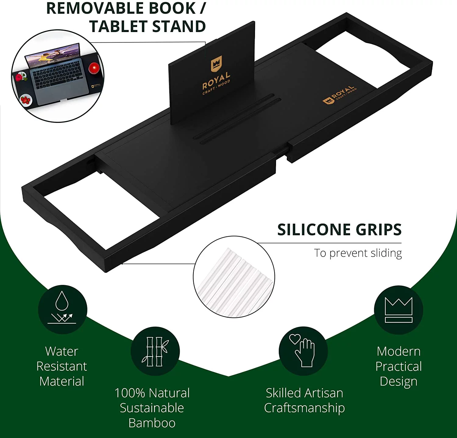 ROYAL CRAFT WOOD Bath Caddy Tray - Bathroom Trays, Holders, & Organizer (Black)