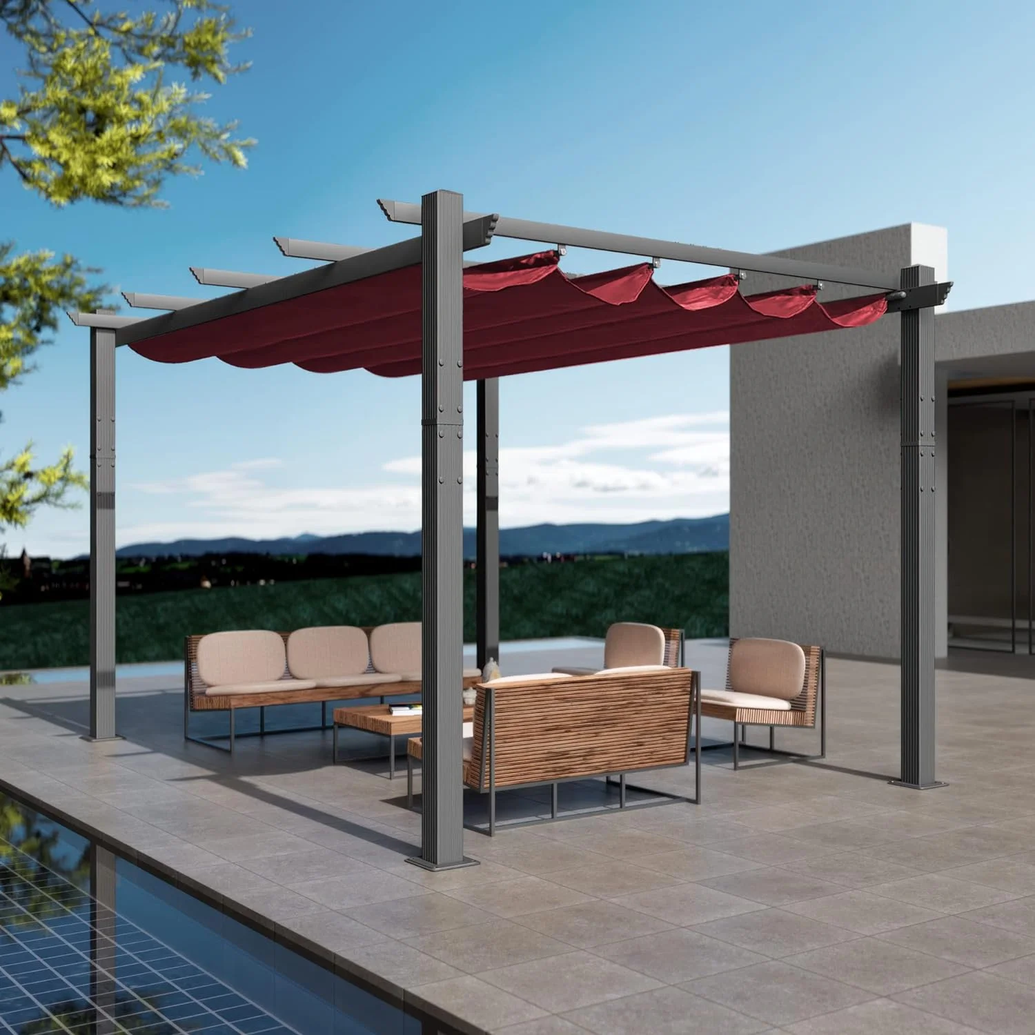 Kozyard Morgan Outdoor Extra-Large Gray Aluminum Frame Pergola with Sunshade Canopy (10' x 13', Burgundy)