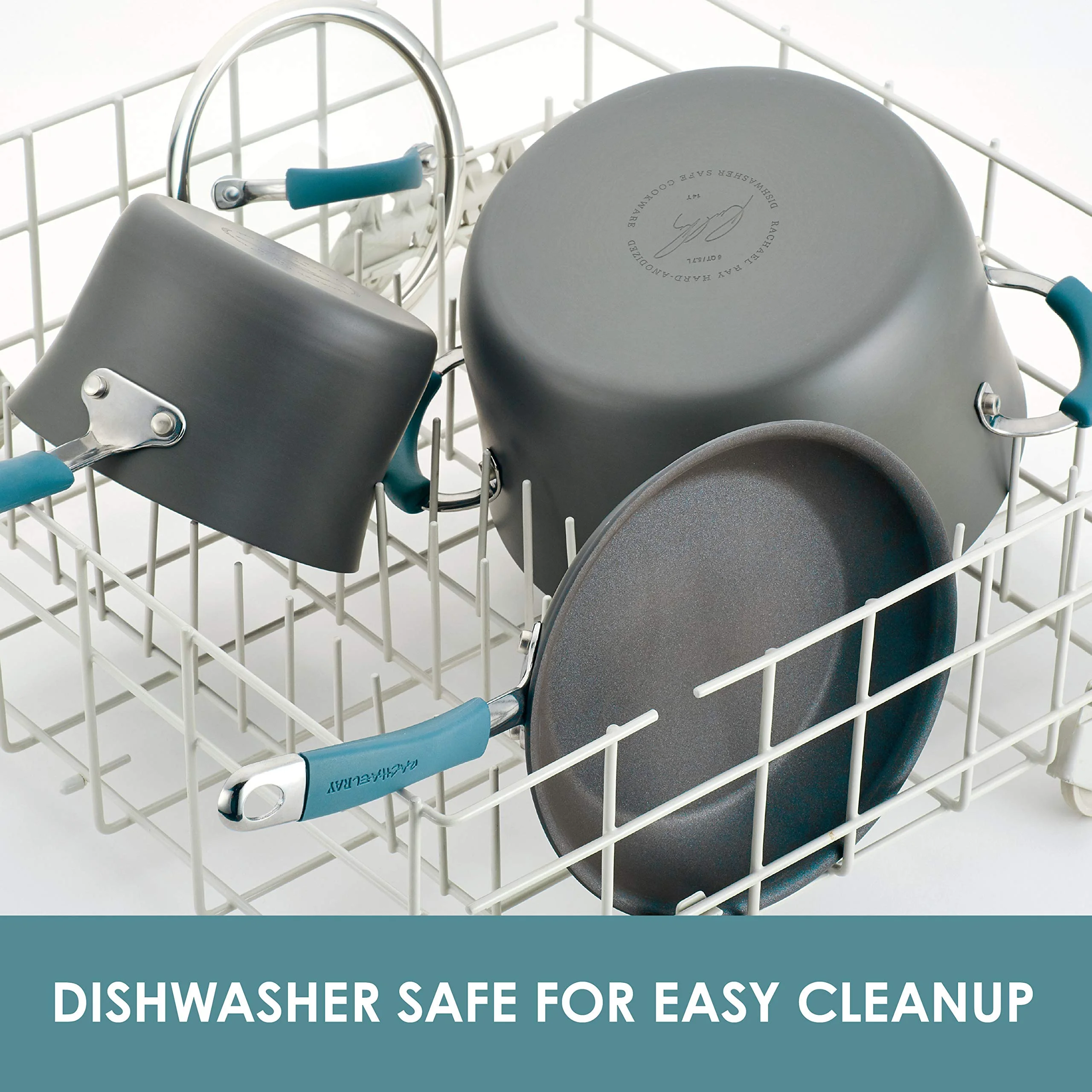 Rachael Ray Cucina Hard Anodized Nonstick Cookware Pots and Pans Set, 12 Piece, Gray with Blue Handles