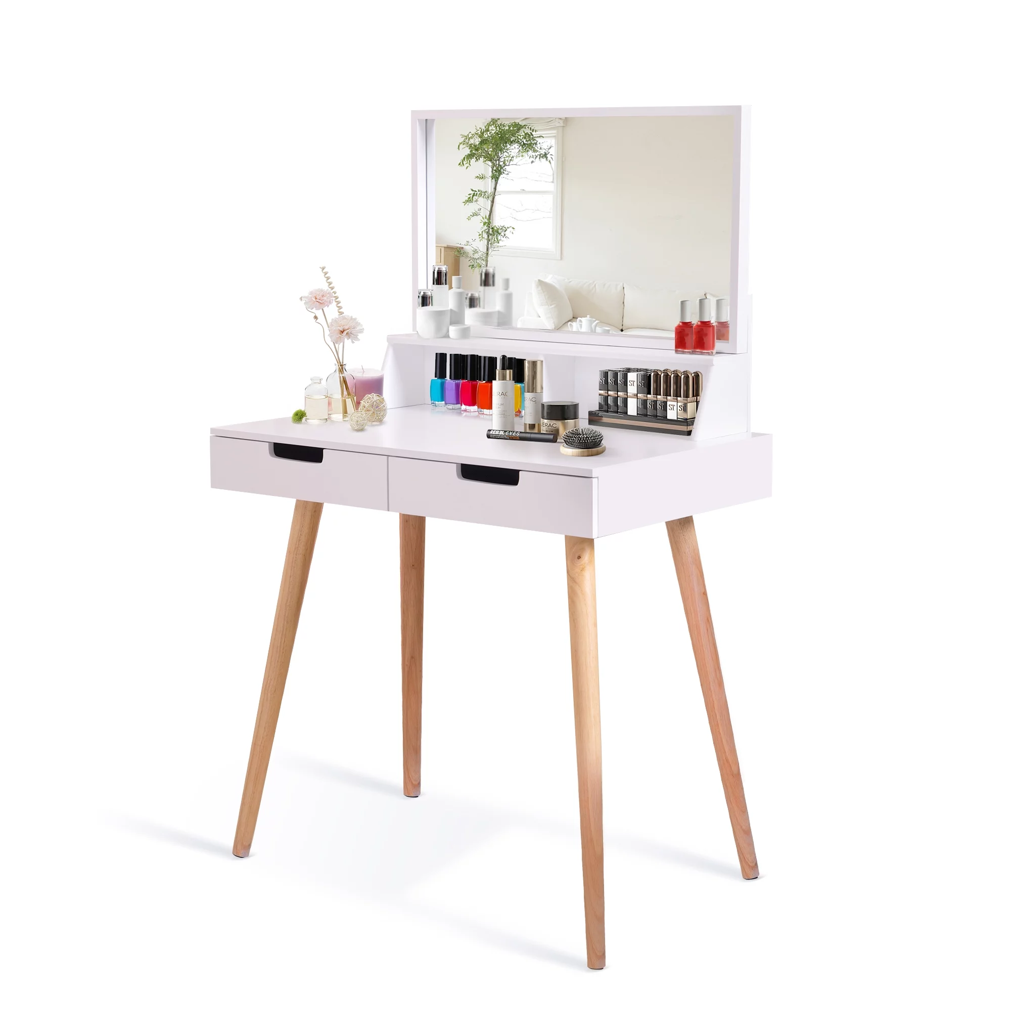 Organizedlife White Makeup Dressing Table with Drawers and Square Mirror Vanity Desks,Painted