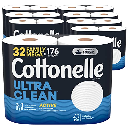 Cottonelle Ultra Clean Toilet Paper with Active CleaningRipples Texture, 24 Family Mega Rolls (24 Family Mega Rolls = 132 Regular Rolls) (4 Packs of 6), 353 Sheets Per Roll, Packaging May Vary