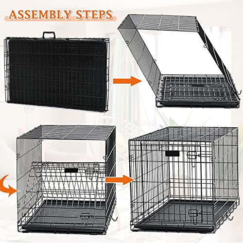 48 Inch Large Dog Crate Dog Kennel Cage Metal Wire Crates Pet Cages Double-Door Foldable Kennels with Handle and Plastic Tray Indoor&Outdoor,Black XXL