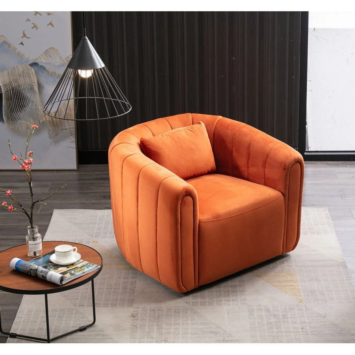 Bonzy Home Swivel Barrel Chair with Plump Pillow, Modern Channel Velvet Accent Chair, Comfy Round Armchair, Swivel Accent Chair for Living Room Bedroom (Orange)