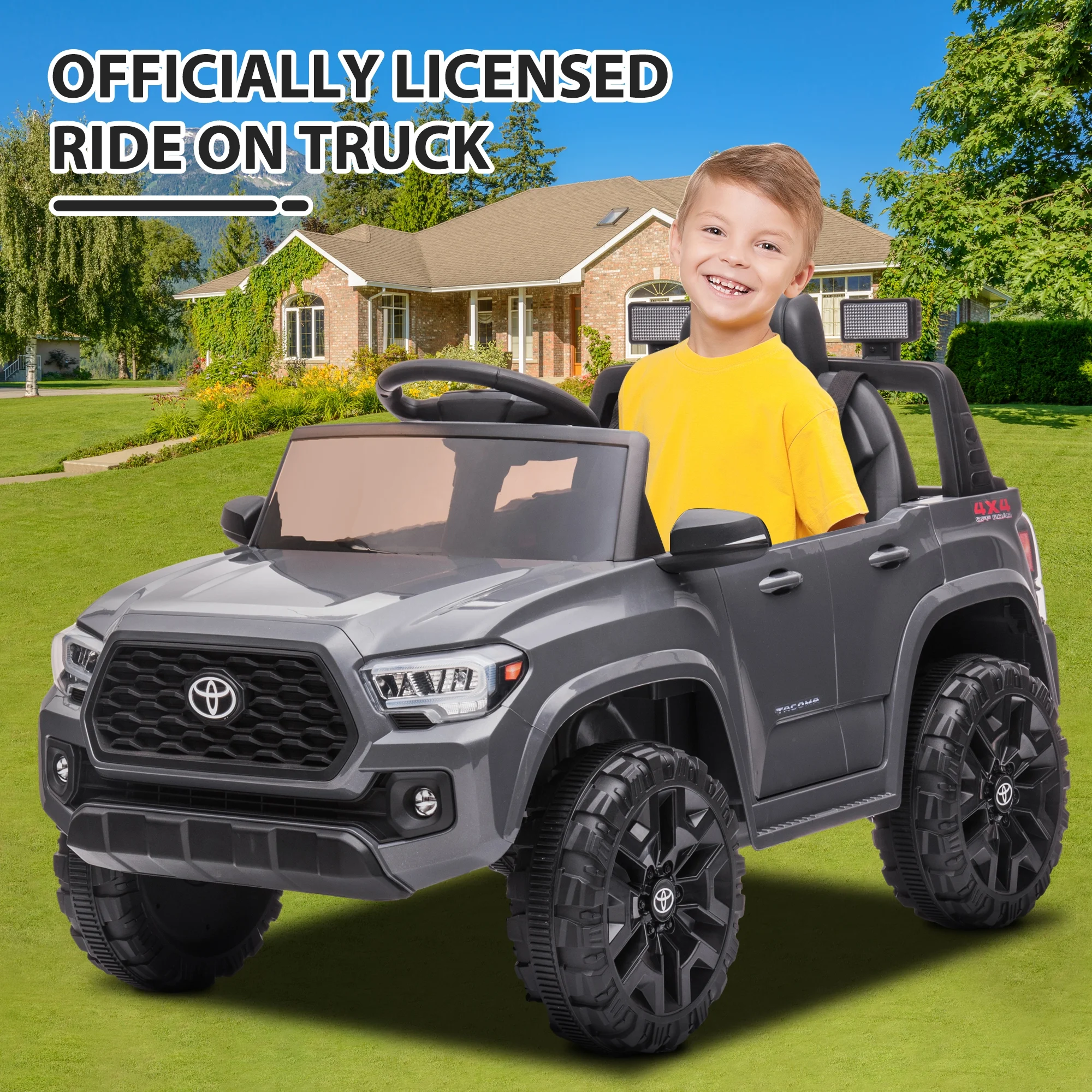 Licensed Toyota Tacoma 12V Battery Powered Ride on Cars with Remote Control, Kids Electric Ride on Vehicles for Boys Girls, Ride on Truck Toys with USB, AUX, MP3, FM Function, LED Headlight, Gray