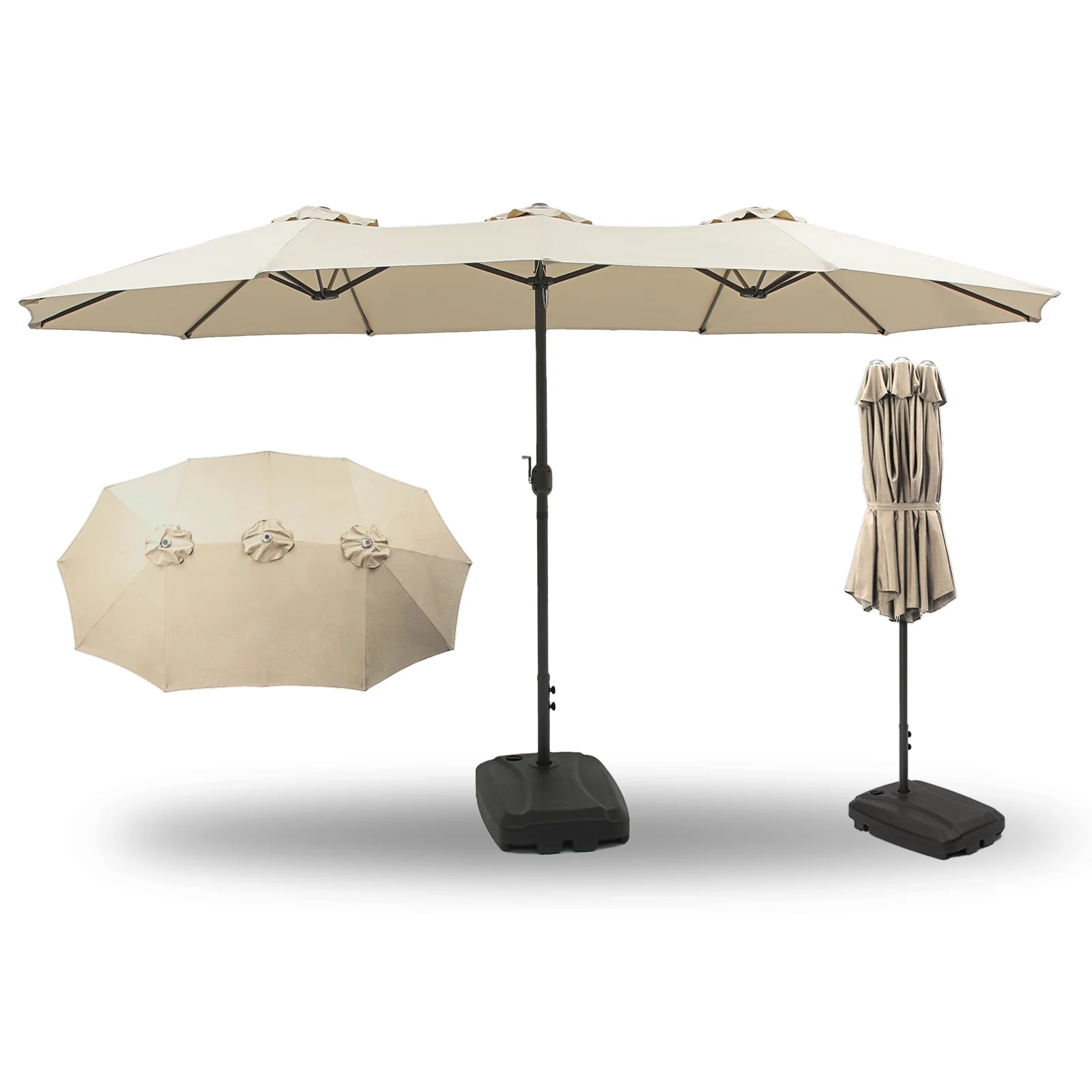 Plainsity 15 Foot Large Outdoor Patio Umbrella with Heavy Duty Rolling Base, Long Rectangular Double-Sided Umbrella for Sun Shade, Market, Table, Patio, Porch, Garden, Deck, Backyard, Pool (Beige)
