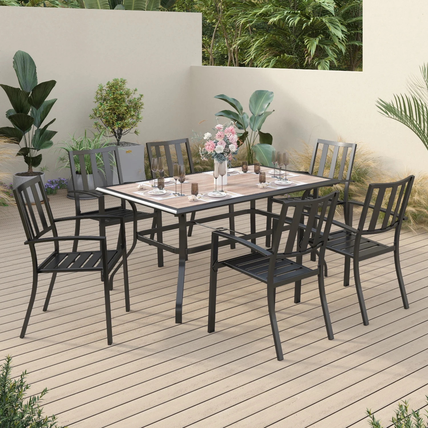 Sophia & William 7 Piece Outdoor Patio Dining Set Metal Chairs and Teak Wood Table Furniture Set