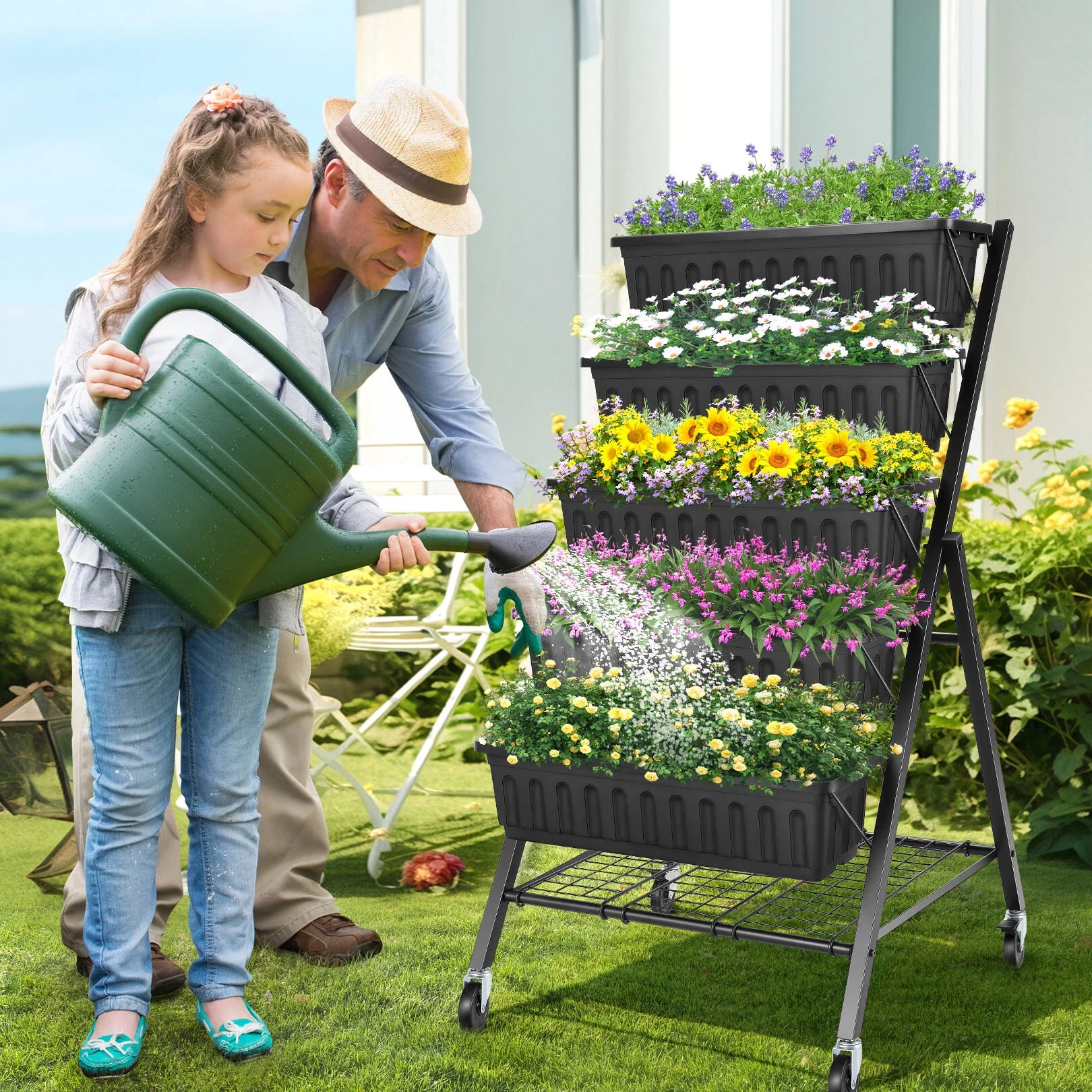 SEJOV 4 ft Vertical Garden with Removable Locking Wheels 5-Tier Raised Garden Bed Planter Box for Patio Outdoor Planting Flower Herb Freestanding Garden Planter with Storage Shelf, 30