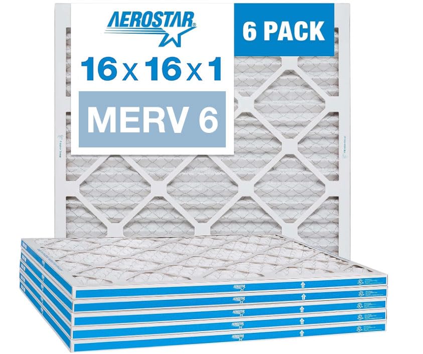 Aerostar 16x20x1 MERV 6 Pleated Air Filter, AC Furnace Air Filter, 6 Pack (Actual size 15 3/4