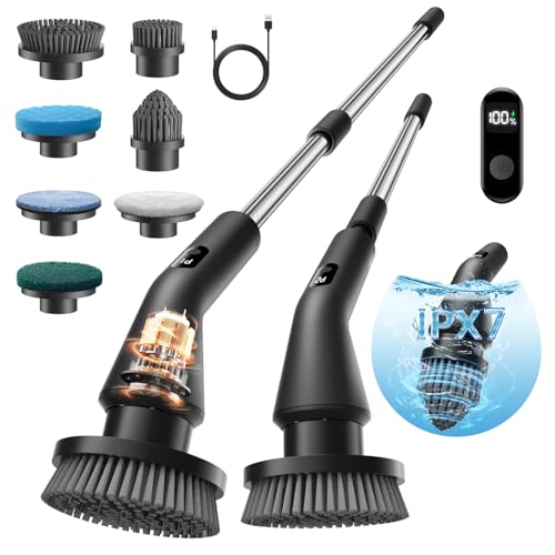 Electric Spin Scrubber, Cordless Cleaning Brush Scrubber for Home, IPX7 Waterproof Power Scrubber with 7 Brush Heads, 3 Adjustable Size and 2 Rotating Speeds for Bathroom Shower Bathtub Glass Car