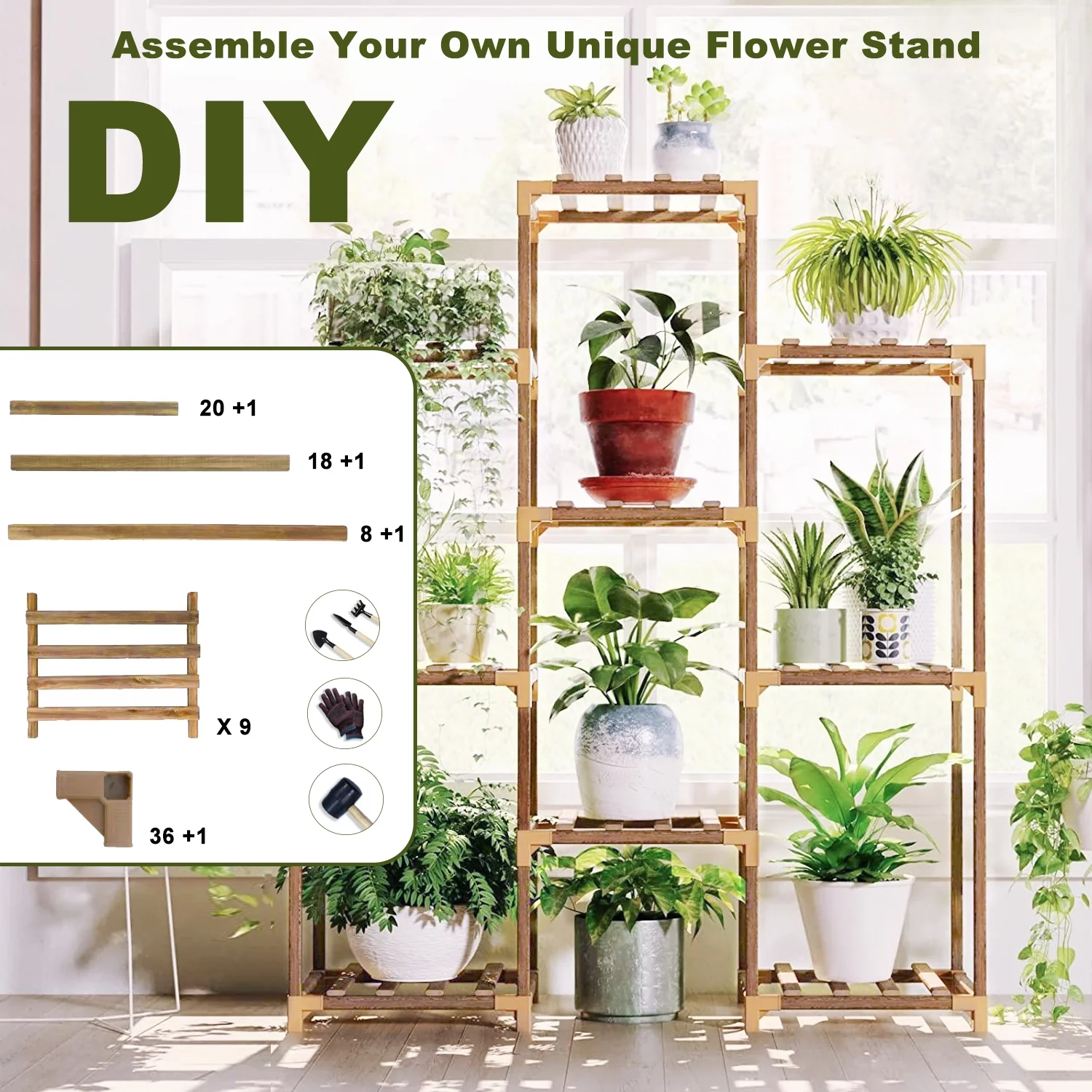 Legines Plant Stands - Indoor and Outdoor Use - Hold up to 9 Potted Plants, 6-Tier Wood Sh for Garden Balcony Patio and Living Room