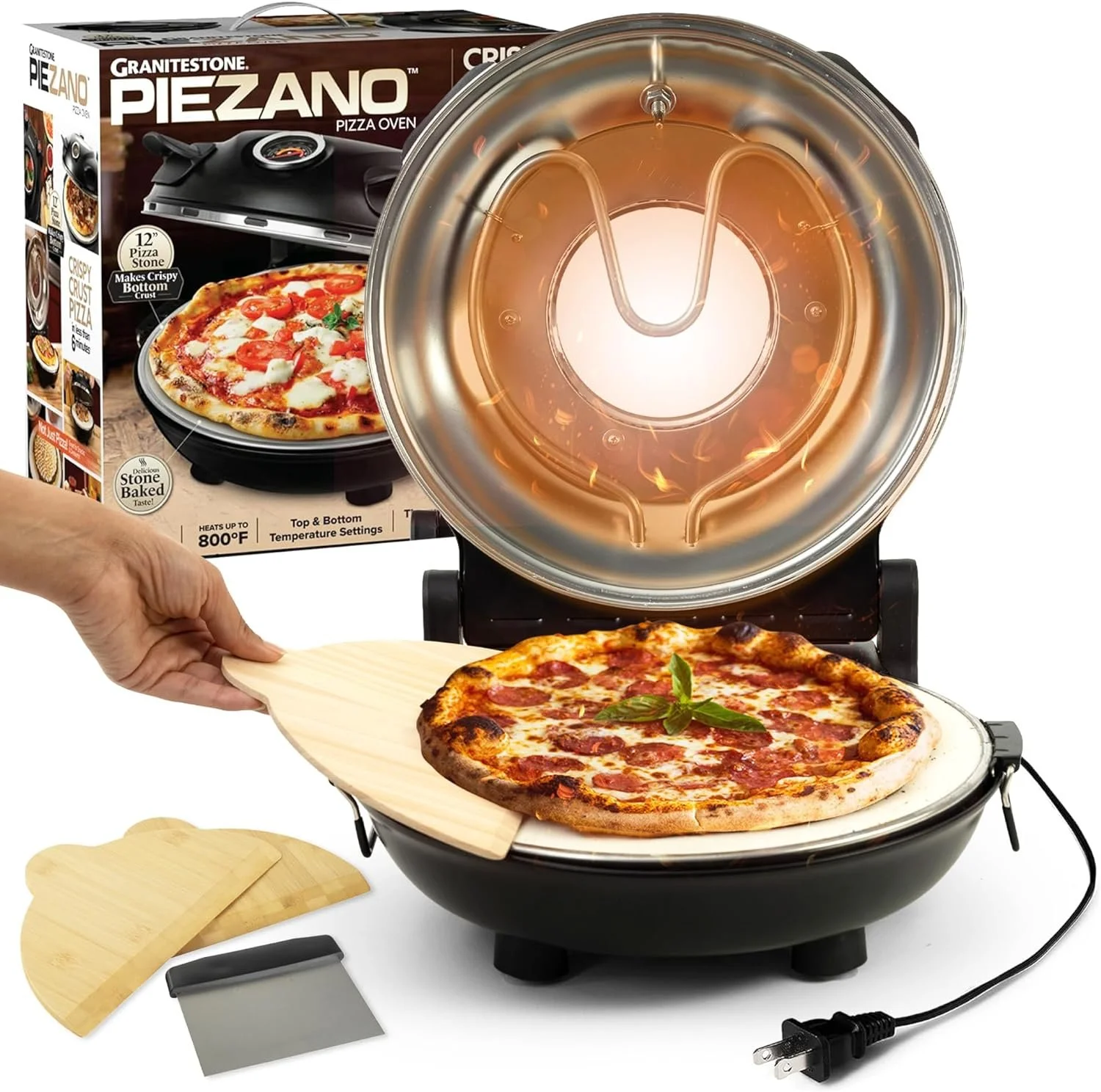 Piezano Pizza Oven by Granitestone  Electric Pizza Oven Indoor Portable, 12 Inch Indoor Pizza Oven Countertop, Stone Baked Pizza Maker Heats up to 800F for Brick Oven Taste at Home As Seen on TV
