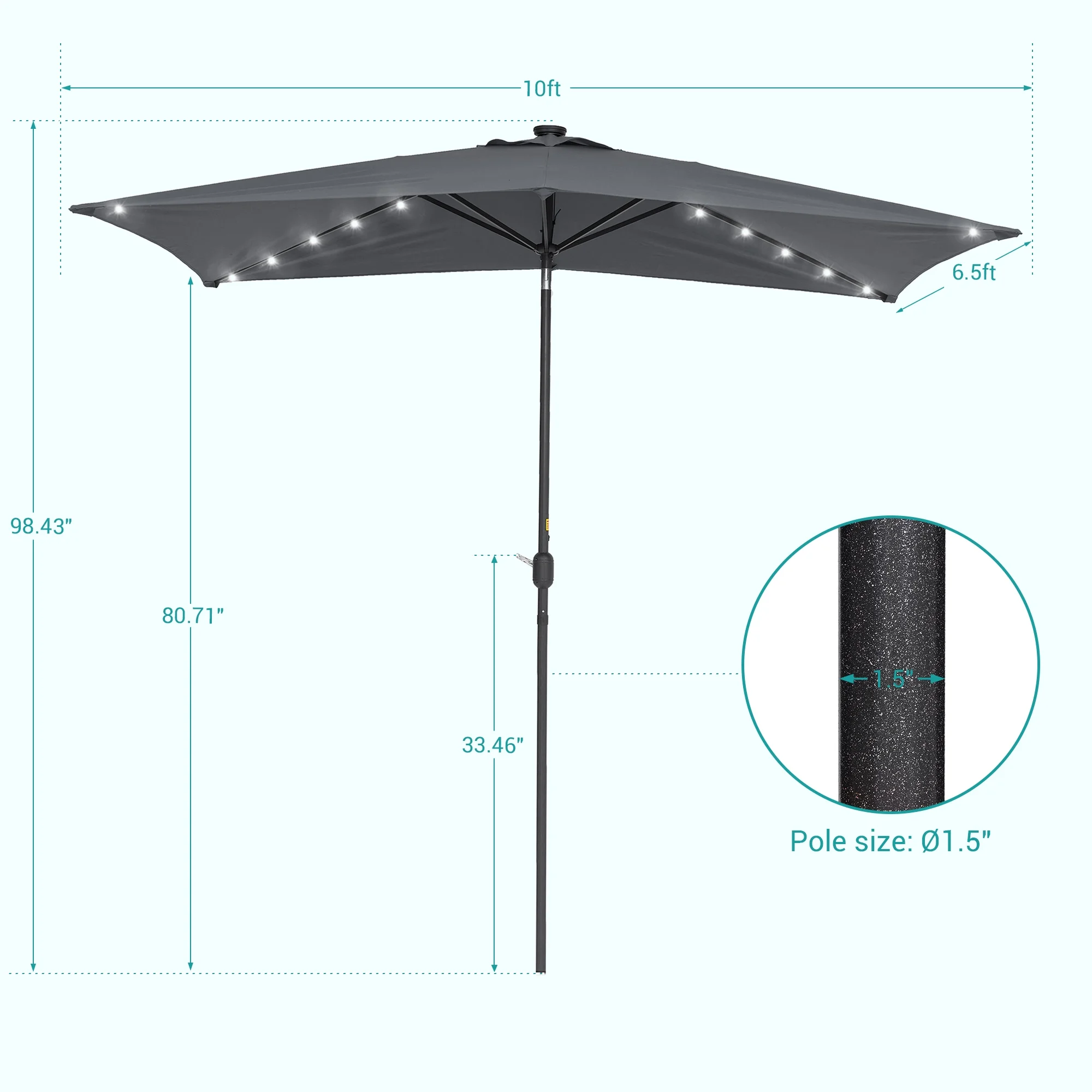 Sonerlic 10 x 6.5ft LED Solar Outdoor Patio Rectangle Table Umbrellas with Non-Fading Canopy for Garden and Yard,Anthracite