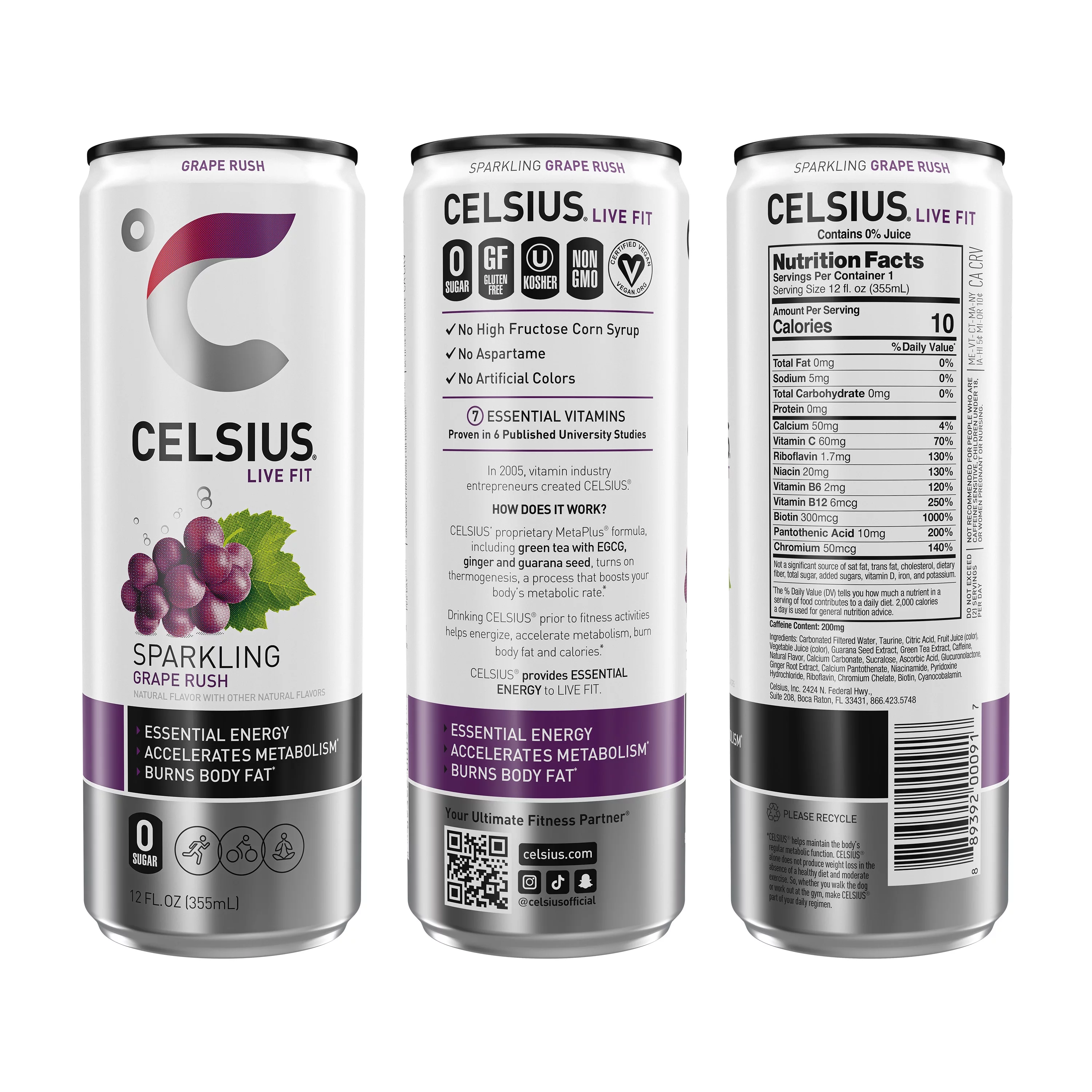 CELSIUS Sparkling Grape Rush, Functional Essential Energy Drink 12 fl oz Can (Pack of 12)
