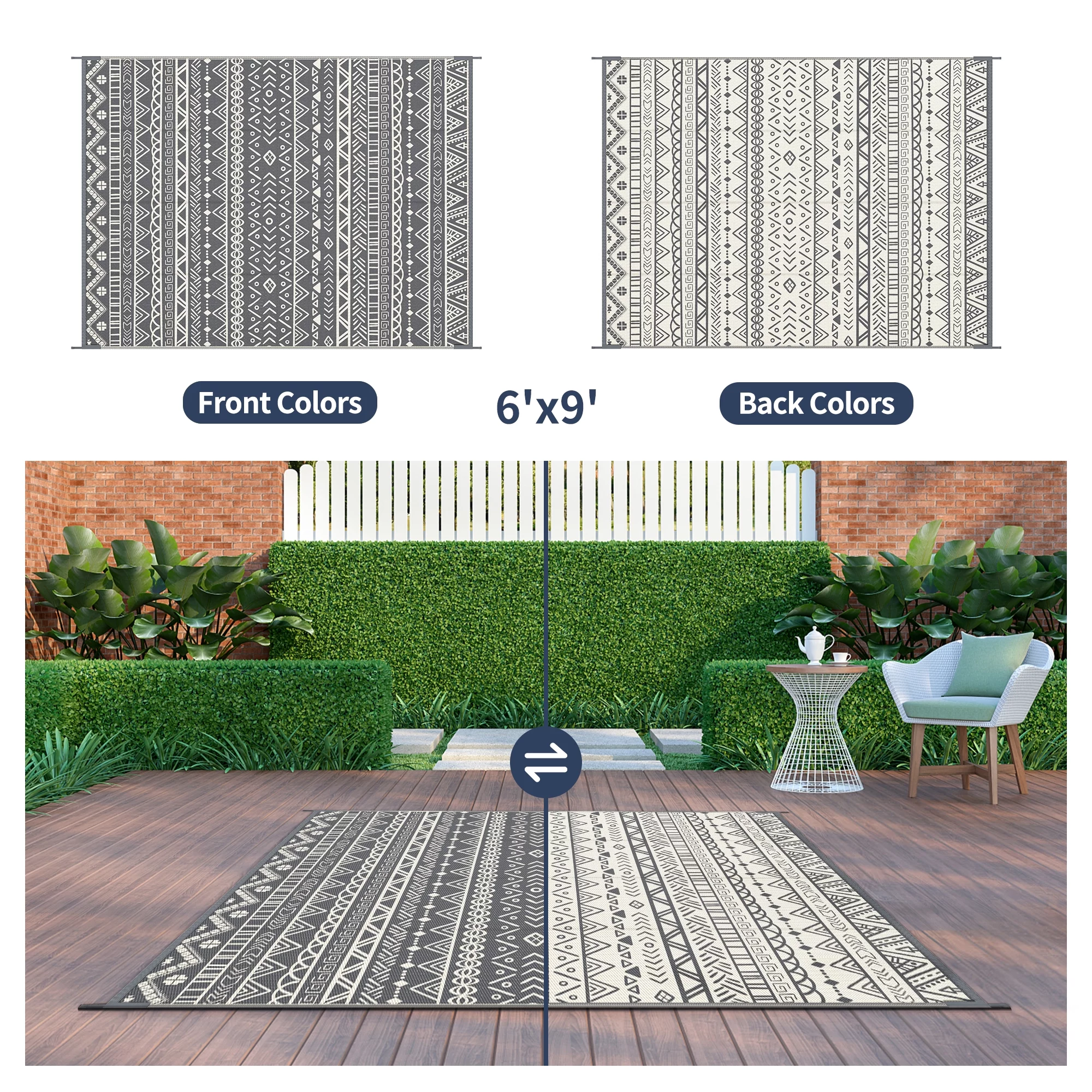 DEORAB Boho Outdoor Rug, Outside Waterproof Patio Plastic Clearance Reversible Rv, 6x9ft Grey White