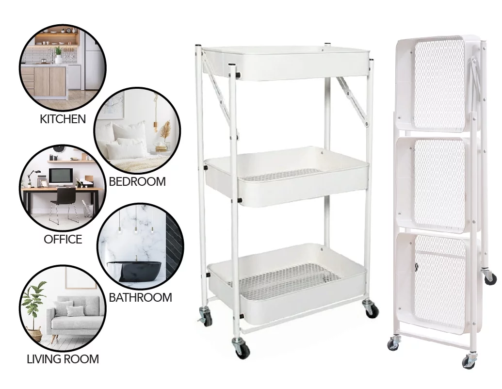 Simpli Furnished LLC-3 Tier Rolling Cart Metal Utility Storage Cart W/Wheels Kitchen Bathroom Office Living Room, White